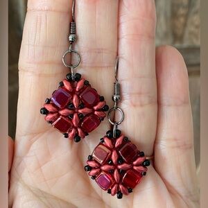 Handmade Unique Red, Black & Gunmetal Gray Czech Glass Bead Earrings